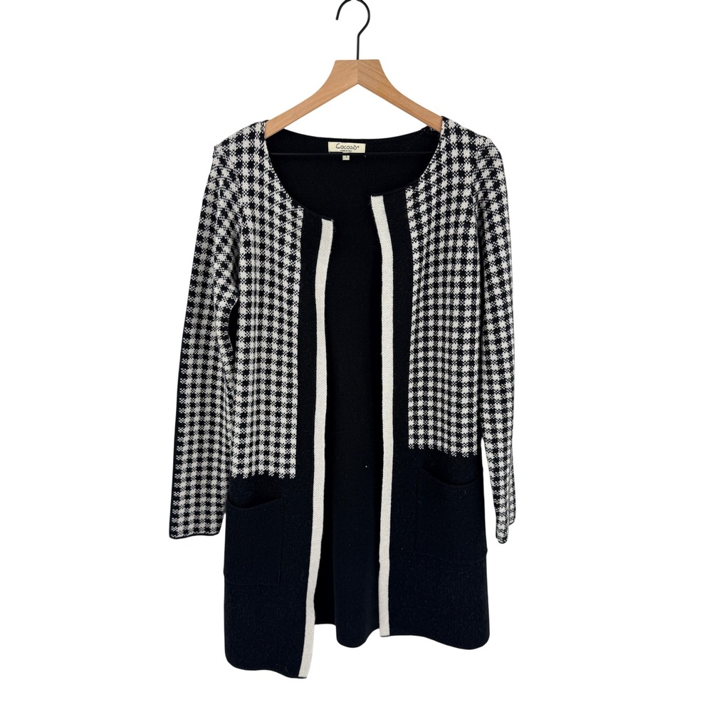 Cocogio Cardigan Sweater Black White Small Houndstooth Open Front Long Pockets